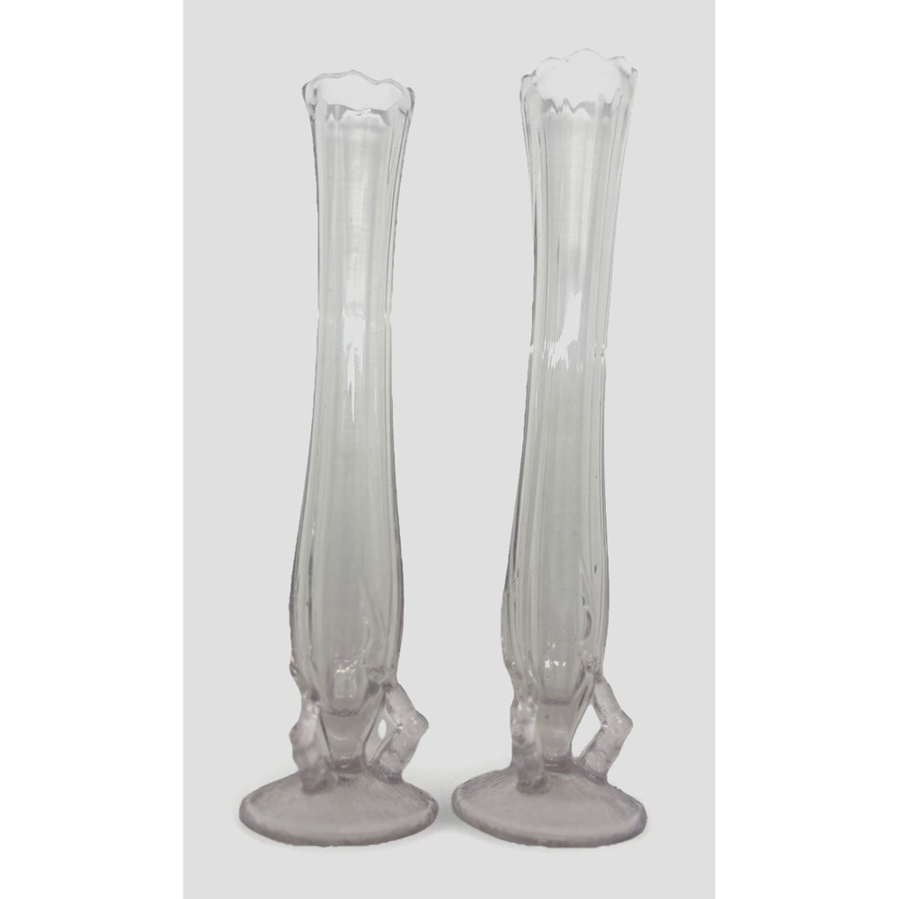 2 Vtg Stretch Glass Bud Vases Clear 8.5" Northwood Dugan Twigs Pattern w Fingers